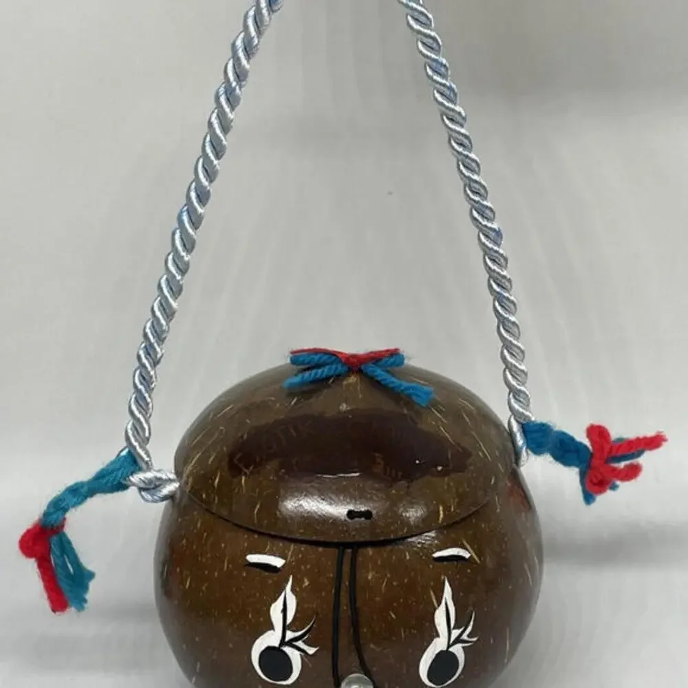 Vintage Coconut Shell Head Face Purse Bag Hand Painted Varnished‎ Lined
